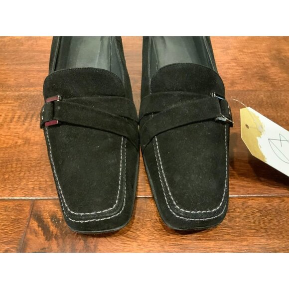 Stuart Weitzman Black Suede Square Toe Kitten Heel Loafers, Size 7.5 (US) - Picture 2 of 8